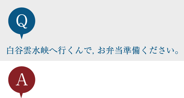 白谷雲水峡へ行くんで，お弁当準備ください。